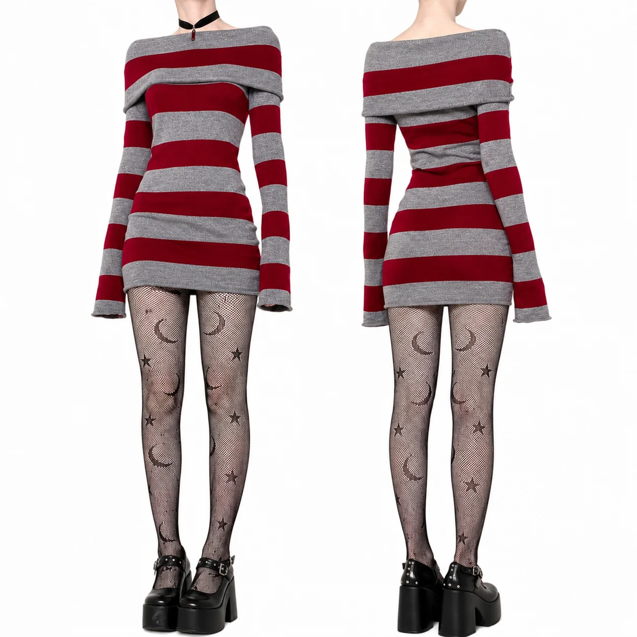 Women Gothic Y2K Off Shoulder Striped Knit Mini Dress Long Sleeve Bodycon Sweater Dress Punk Grunge Aesthetic Party Club Outfits product view