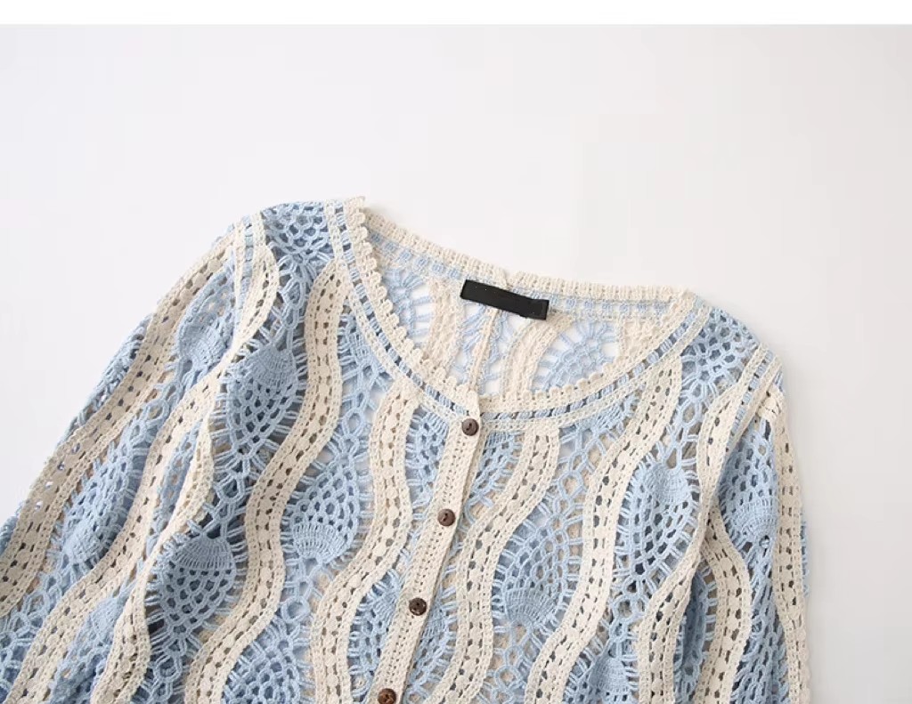 Low Moq Custom Women Knitted Sweater Crew Neck Contrast Color Striped Womens Knitwear Hollowout Crochet Women Knitted Cardigan product view