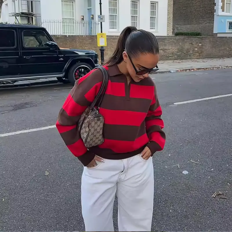 Womens New Knitted Striped Sweater Polo Neck Pullover Fashion Loose Elegant Warm Young Women Sweater Street product view