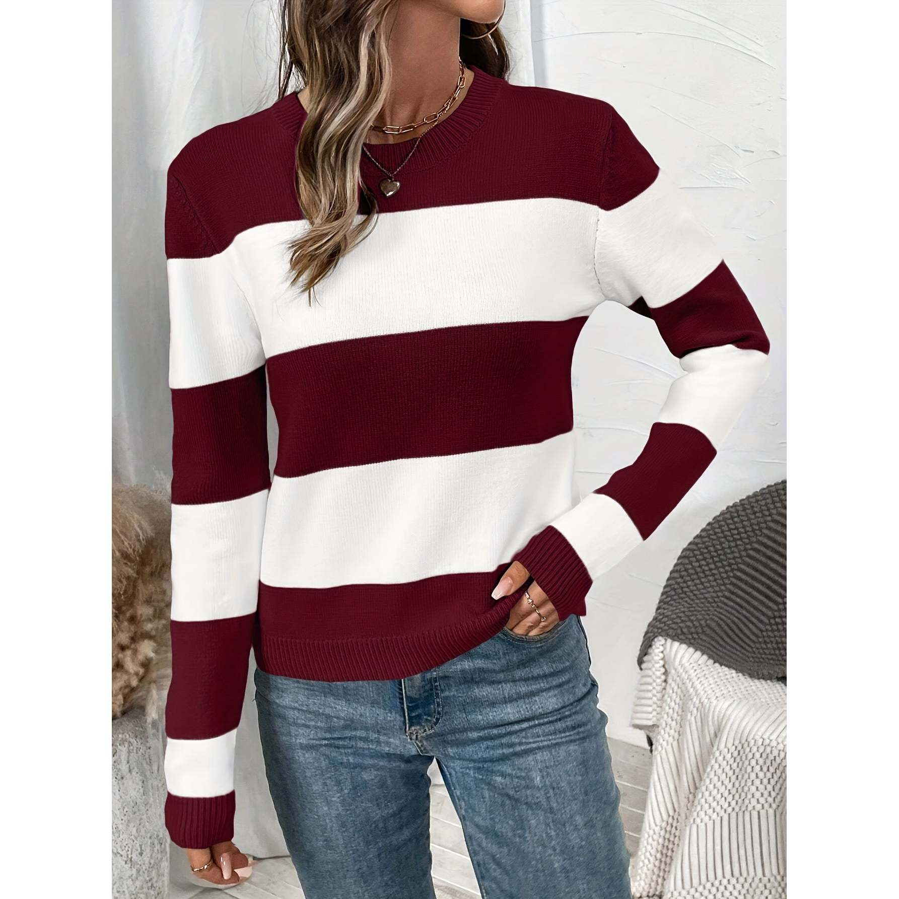 Womens Striped Crew Neck Regular Length Long Sleeve Knit Sweater Warm Breathable Casual Style detail