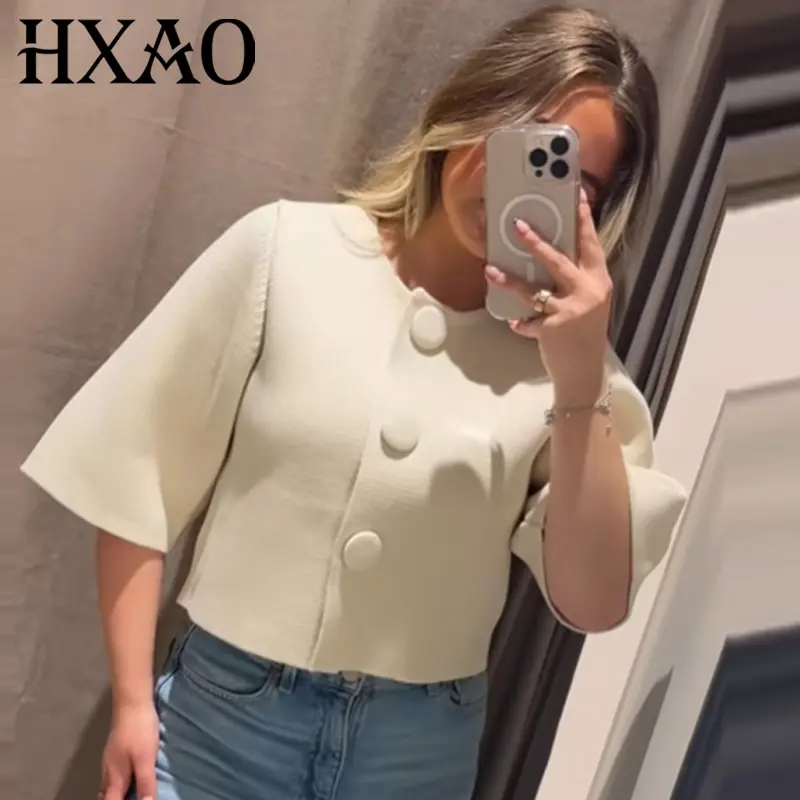 HXAO Women's Cropped Knit Cardigan Summer 2026 Elegant Off White Button O-Neck Short Sleeve Tops For Woman Resort Bolero Sweater