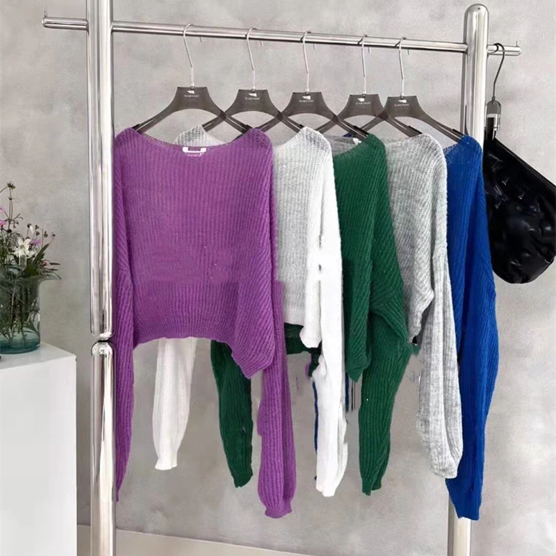 Simple Hollow Out Lightweight Long Sleeved Knitted Sweater Spring New Solid Color Womens Pullover Summer Sunscreen Knitted Tops detail