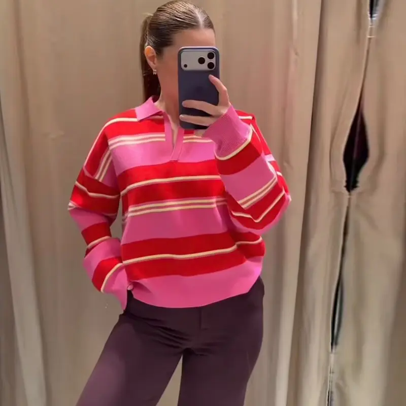Womens New Knitted Striped Sweater Polo Neck Pullover Fashion Loose Elegant Warm Young Women Sweater Street product view