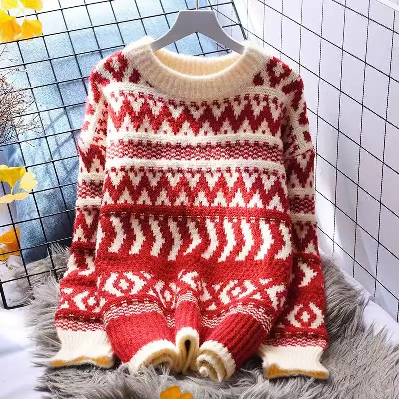 Autumn Winter Chic Korean Sweet Casual Long Sleeve Top Y2k Vintage Women's Sweater Christmas Loose Knit Stripe O-Neck Pullover