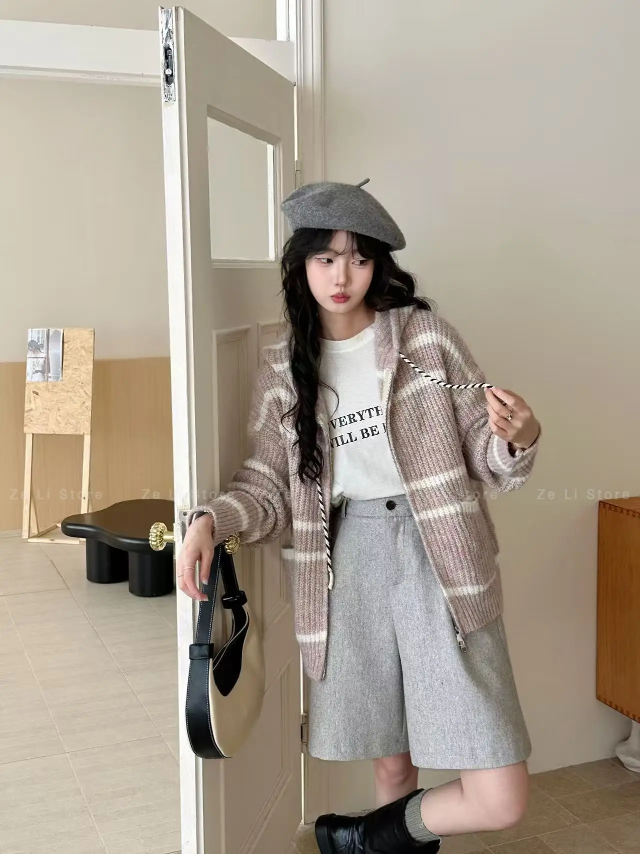 Loose Womens Zipper Knitted Sweater Striped Hooded Color Block Autumn Winter Outerwear Casual Comfortable Lazy Style Top detail