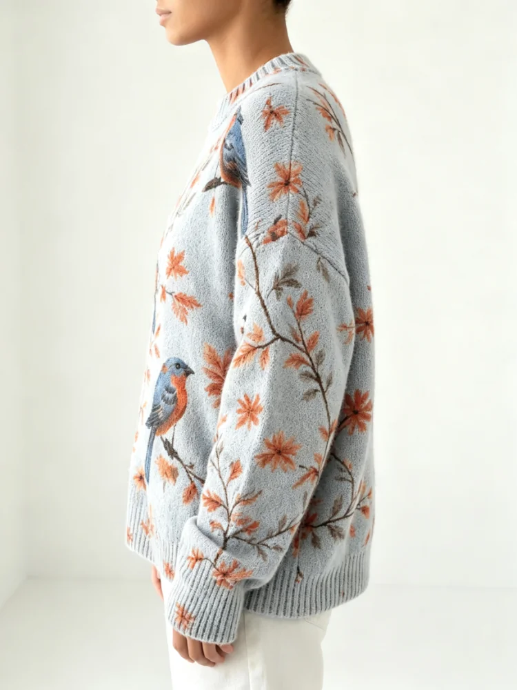 Printed knitted pullover loose and casual soft and warm retro birdpattern watercolor leaf design roundneck longsleeved daily fallwinter layered sweater product view