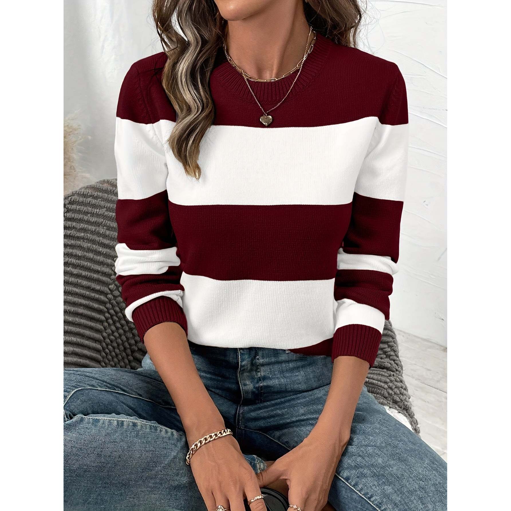 Women's Striped Crew Neck Regular Length Long Sleeve Knit Sweater Warm Breathable Casual Korean Style Red White Blue White