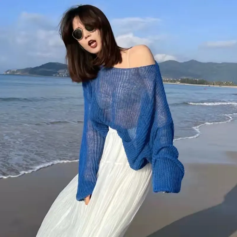 Simple Hollow Out Lightweight Long Sleeved Knitted Sweater Spring New Solid Color Womens Pullover Summer Sunscreen Knitted Tops product view