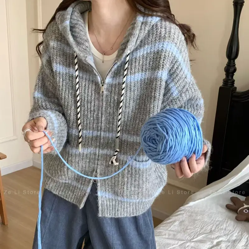 Loose Women's Zipper Knitted Sweater Striped Hooded Color Block Autumn Winter Outerwear Casual Comfortable Lazy Style Top