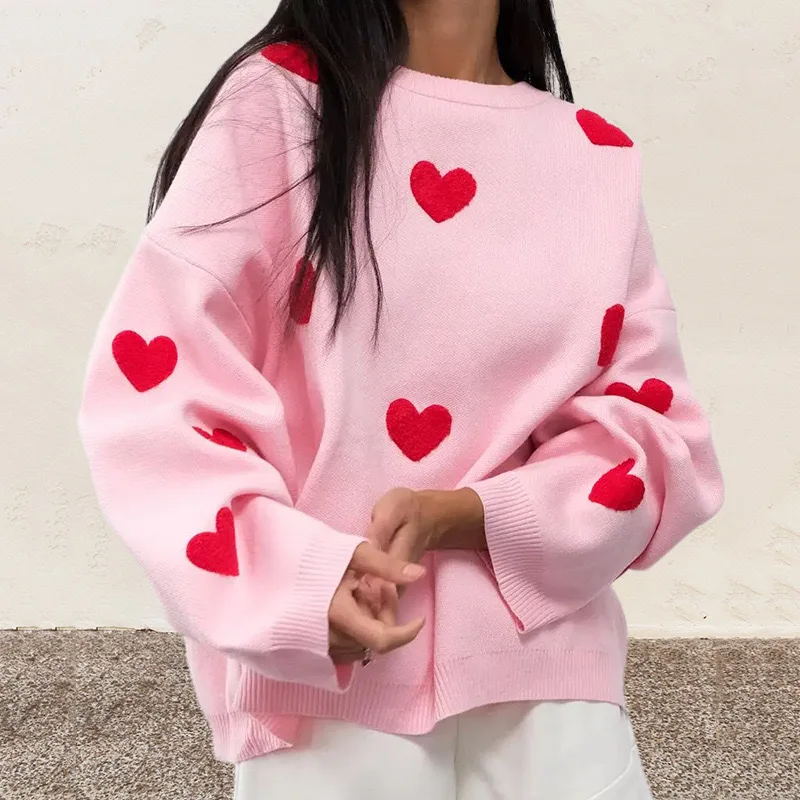Love Heart Knitted Sweater Womens Trendy Street Style Long Sleeve Overhead Pullover Knitwear Ultra Short Length Fashion detail