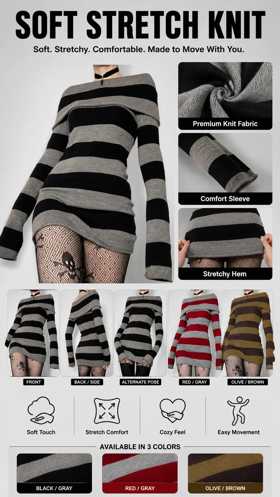Women Gothic Y2K Off Shoulder Striped Knit Mini Dress Long Sleeve Bodycon Sweater Dress Punk Grunge Aesthetic Party Club Outfits detail