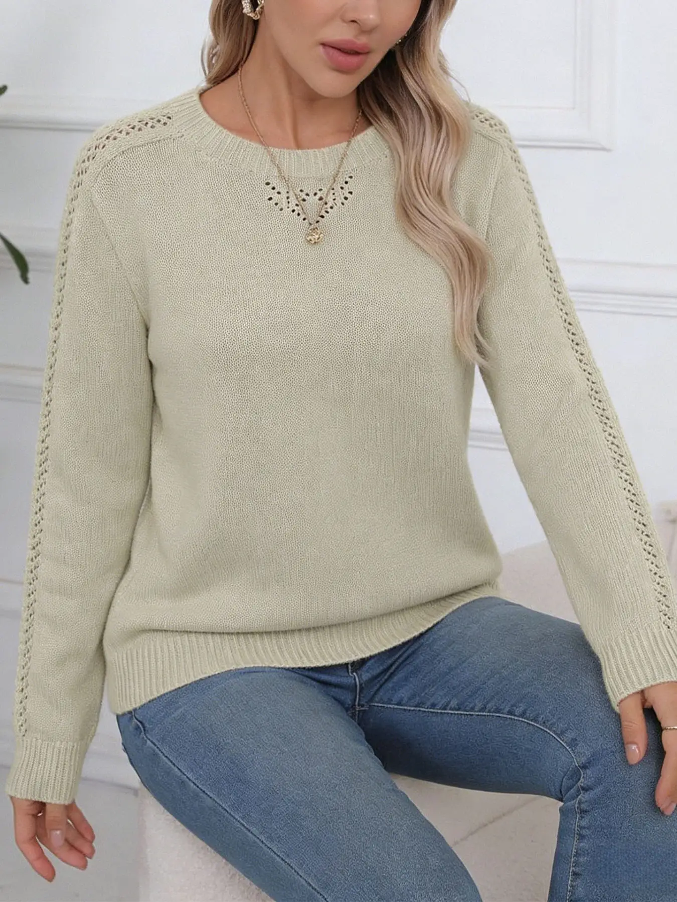 New Spring and Autumn Elegant Hollow Knitted Sweater Womens Loose Round Neck Long Sleeve Sweater Casual Outerwear Top Date Gift product view