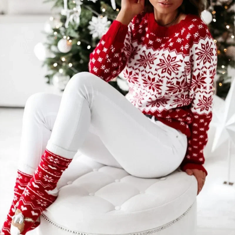 Hot Selling Womens Sweater Print Long Sleeve Round Neck Knitted Pullover Sweater Tops Sweater Knitwea product view