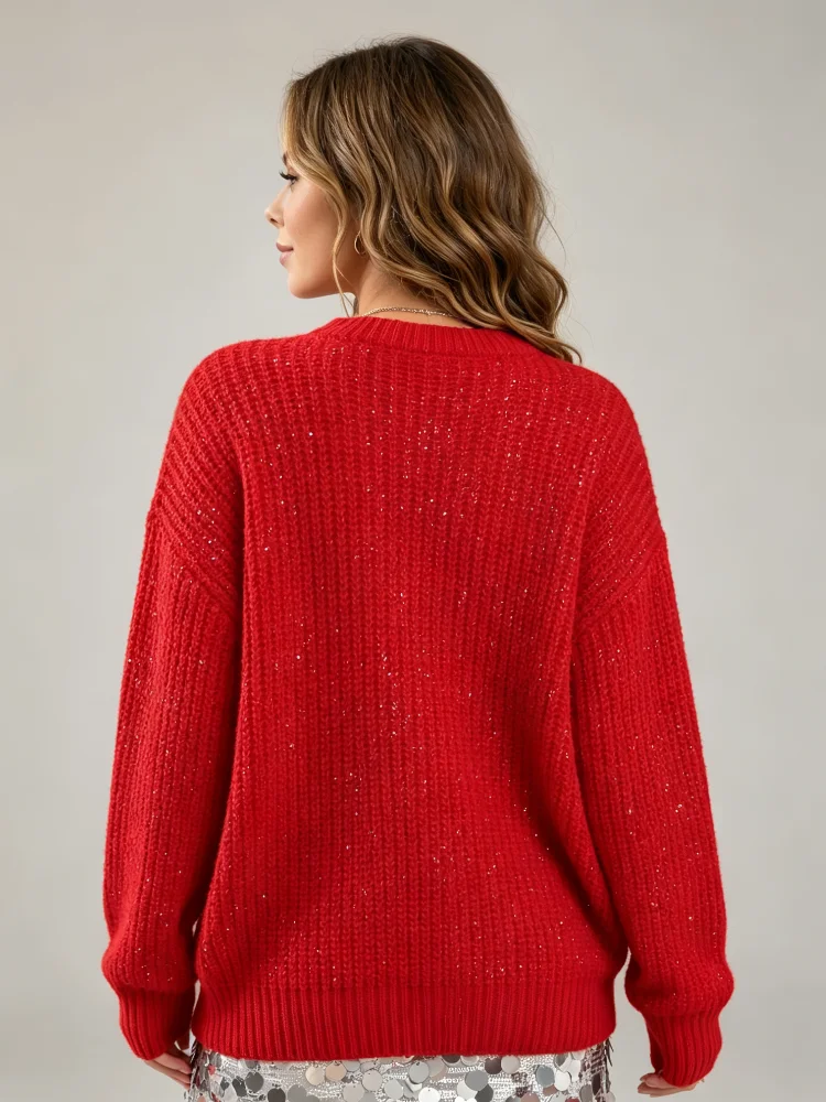 New Style Womens Thick Knitted Sweater Loose and Soft Warm Antiloosening Bright Red Base Color with Silver Beads Letters Print Round Neck Long Sleeve Winter Party Daily Wear Layered Sweater detail
