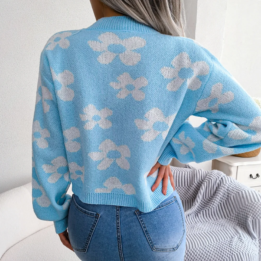 Womens Floral Contrast Color Button Front Casual Cardigan Sweater Coat Long Sleeve Open Front for Resort Wear detail
