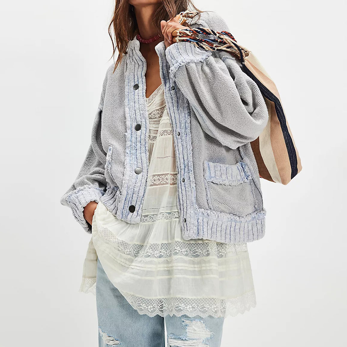 Hot Sale Women's Knitted Inside Out Cardigan V-neck Full Sleeve Bohemian Style with Pockets Sheer Layer Detail Hand Knit Sweater