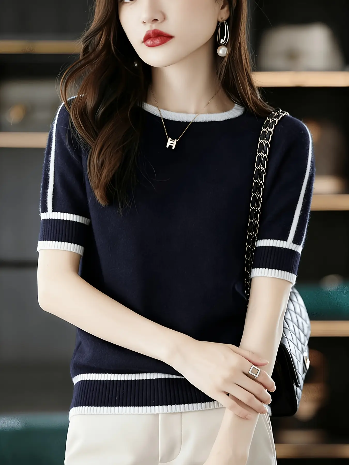 New ShortSleeve Womens RoundNeck Patchwork HalfSleeve FivePoint Sleeve Loose Knitted Base Shirt Sweater product view