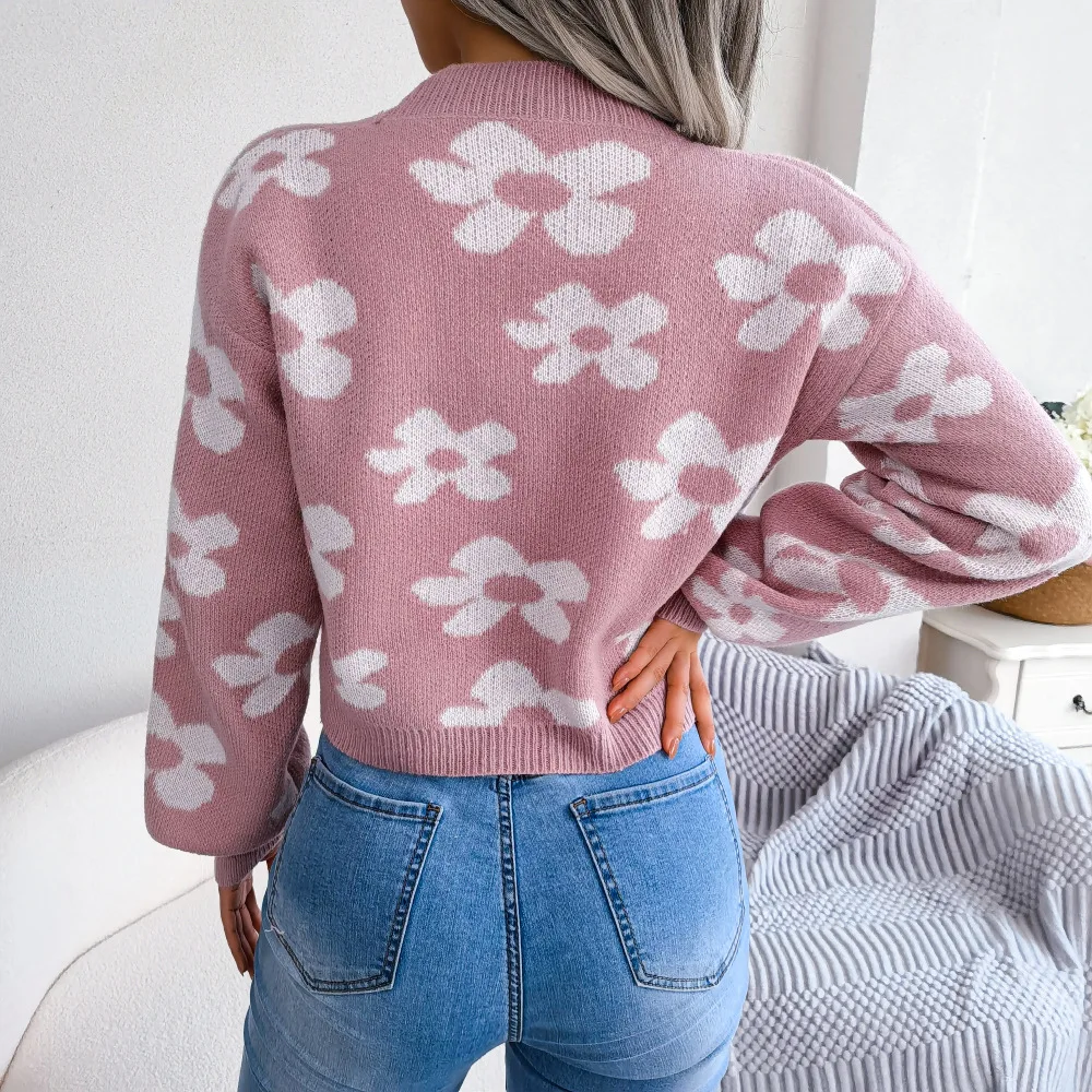 Womens Floral Contrast Color Button Front Casual Cardigan Sweater Coat Long Sleeve Open Front for Resort Wear detail