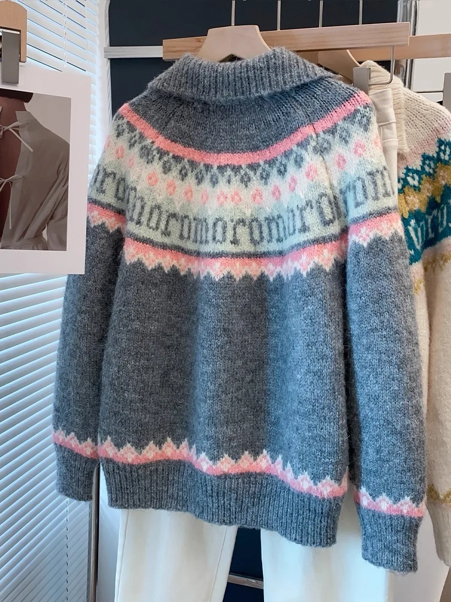 Zipper Lapel Color Blocking Coat Retro Jacquard Knitted Cardigan Loose Long Sleeve Sweater detail