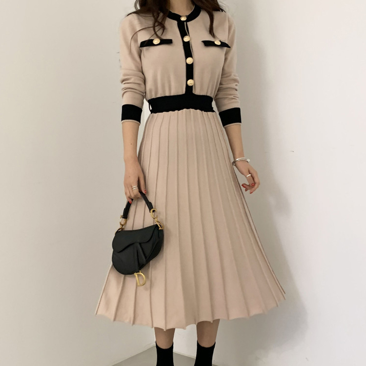 Knitwear Manufacturers Custom Elegant Womens Knit Slim a Line High Waist Pleated Dress Women Soft Ladies Long Sweater Dress product view