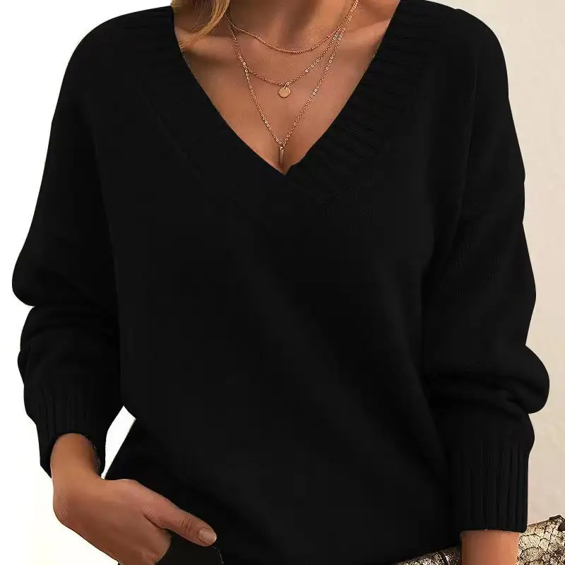 Fall Winter New Fashion Womens Sweater LooseFit VNeck Casual Pullover Knit Tops Clothing product view