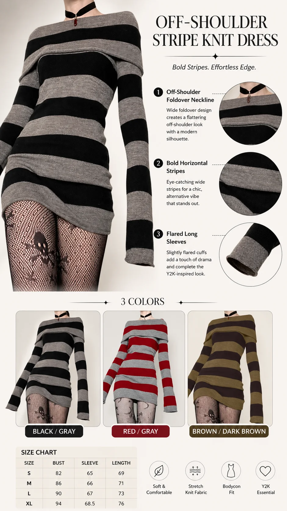 Women Gothic Y2K Off Shoulder Striped Knit Mini Dress Long Sleeve Bodycon Sweater Dress Punk Grunge Aesthetic Party Club Outfits product view
