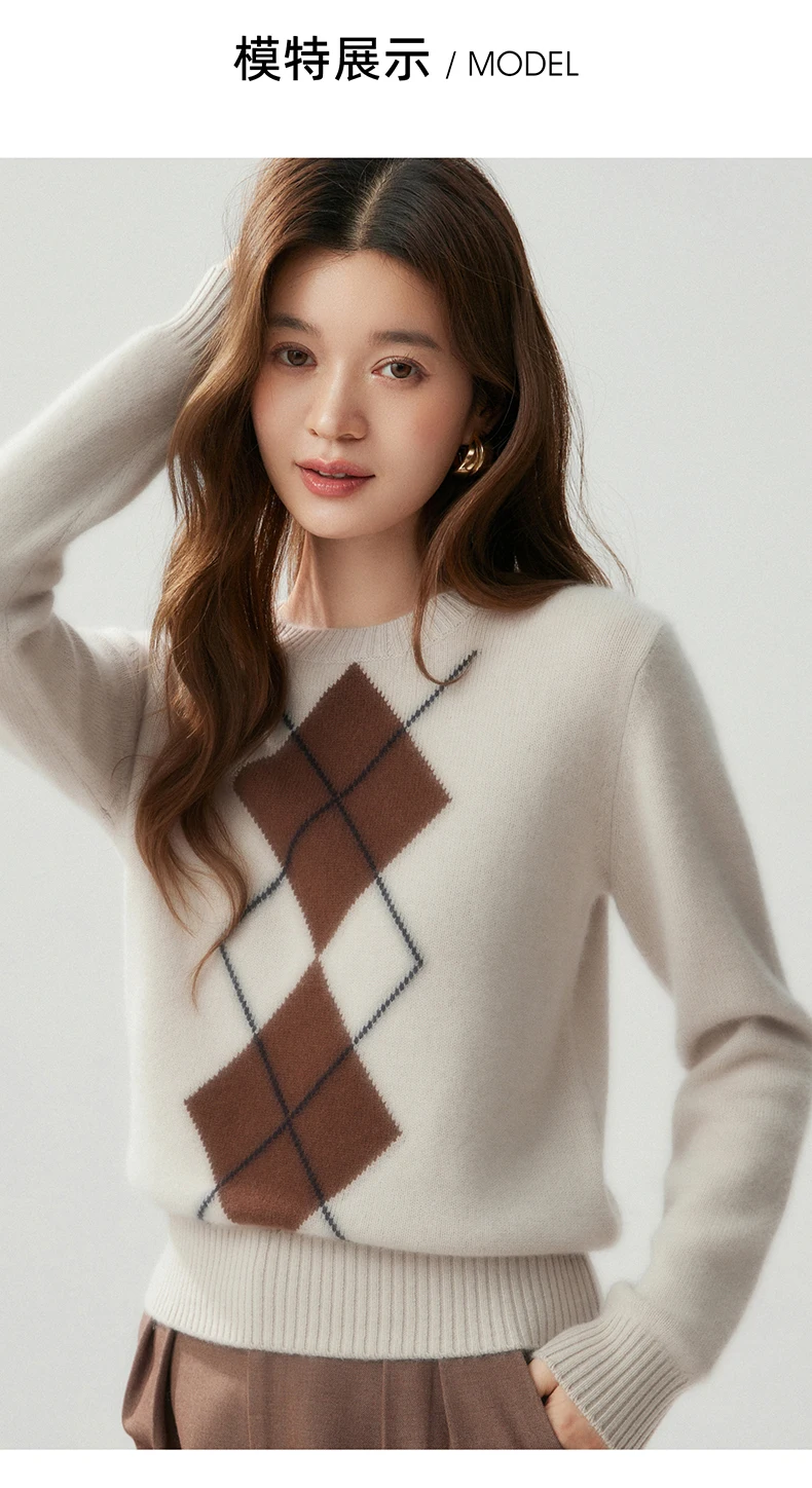Light Luxury Womens Autumn Winter Sweater Argyle 100 Cashmere Knit Pullover Long Sleeve Clothing Top Lady Warm Jersey detail