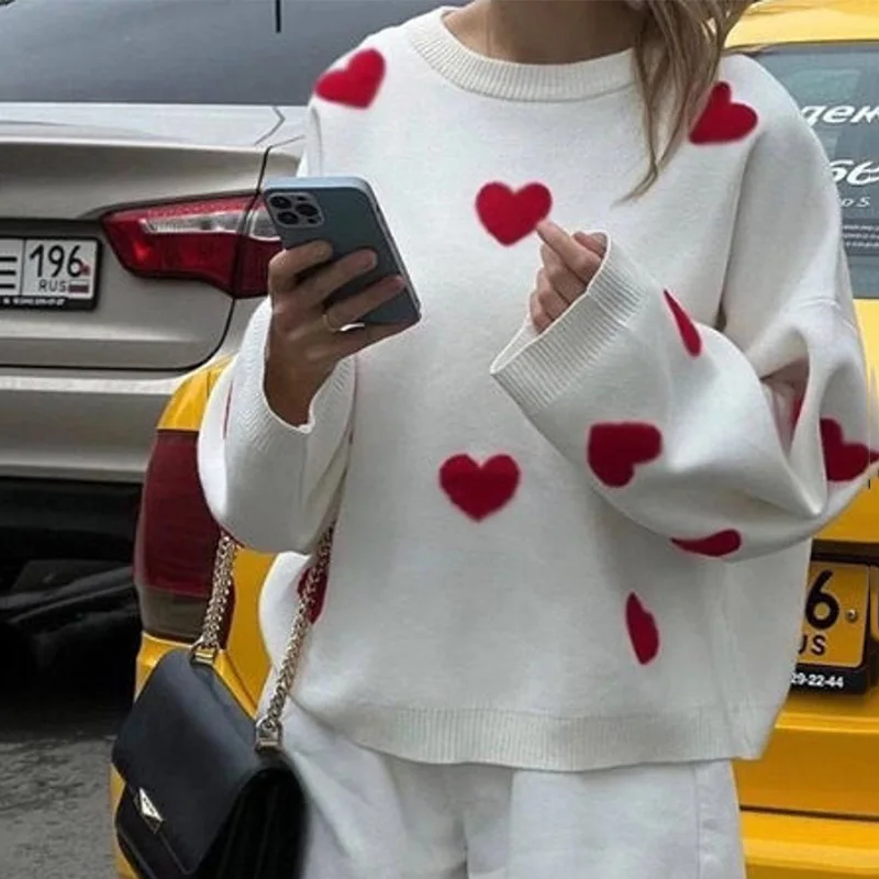 Love Heart Knitted Sweater Womens Trendy Street Style Long Sleeve Overhead Pullover Knitwear Ultra Short Length Fashion detail