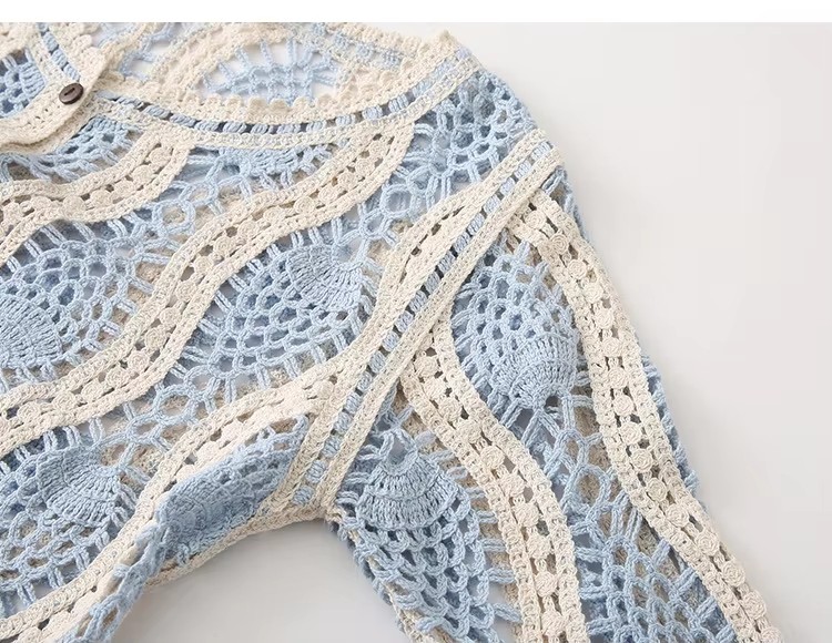 Low Moq Custom Women Knitted Sweater Crew Neck Contrast Color Striped Womens Knitwear Hollowout Crochet Women Knitted Cardigan detail
