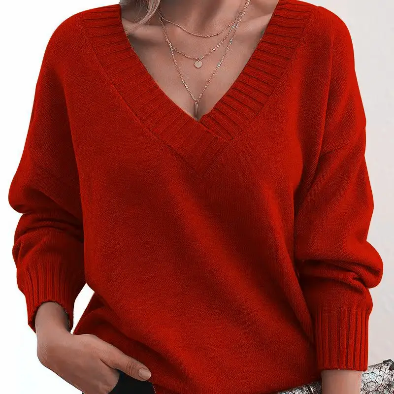 Fall Winter New Fashion Womens Sweater LooseFit VNeck Casual Pullover Knit Tops Clothing product view