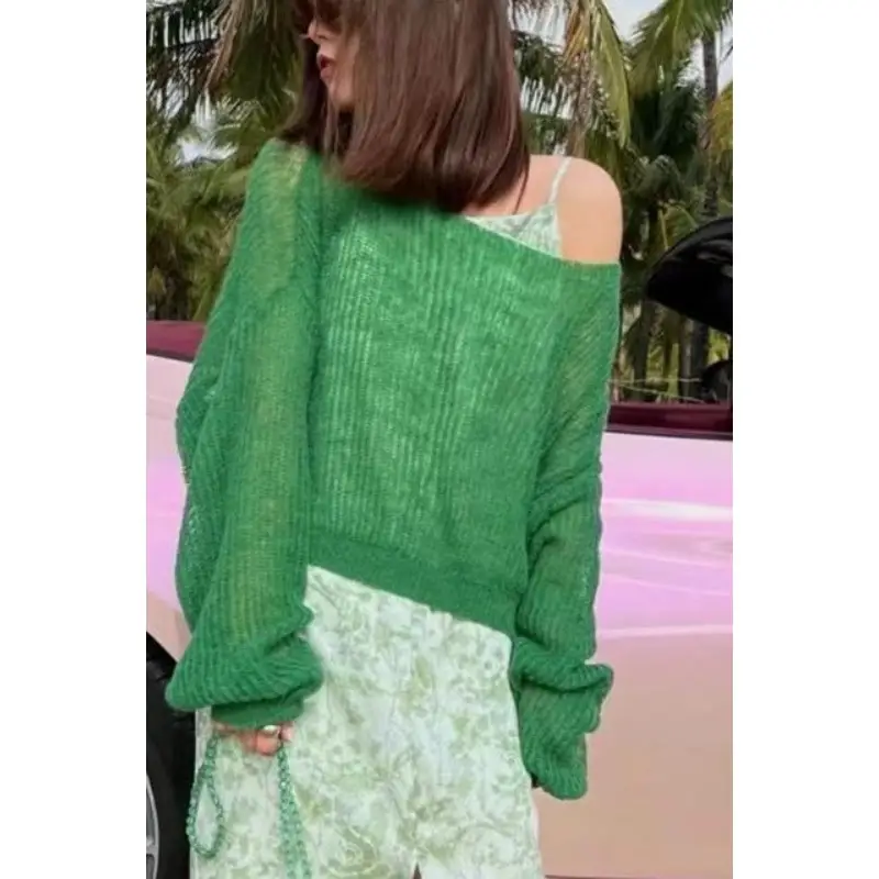 Simple Hollow Out Lightweight Long Sleeved Knitted Sweater Spring New Solid Color Womens Pullover Summer Sunscreen Knitted Tops product view
