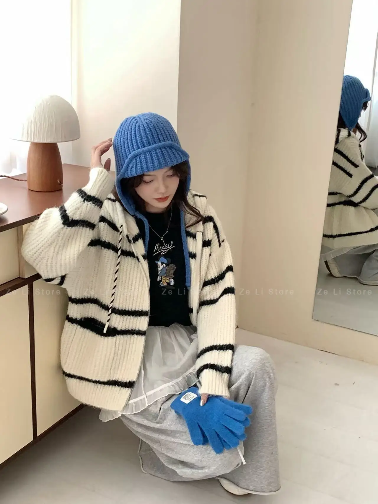 Loose Womens Zipper Knitted Sweater Striped Hooded Color Block Autumn Winter Outerwear Casual Comfortable Lazy Style Top detail
