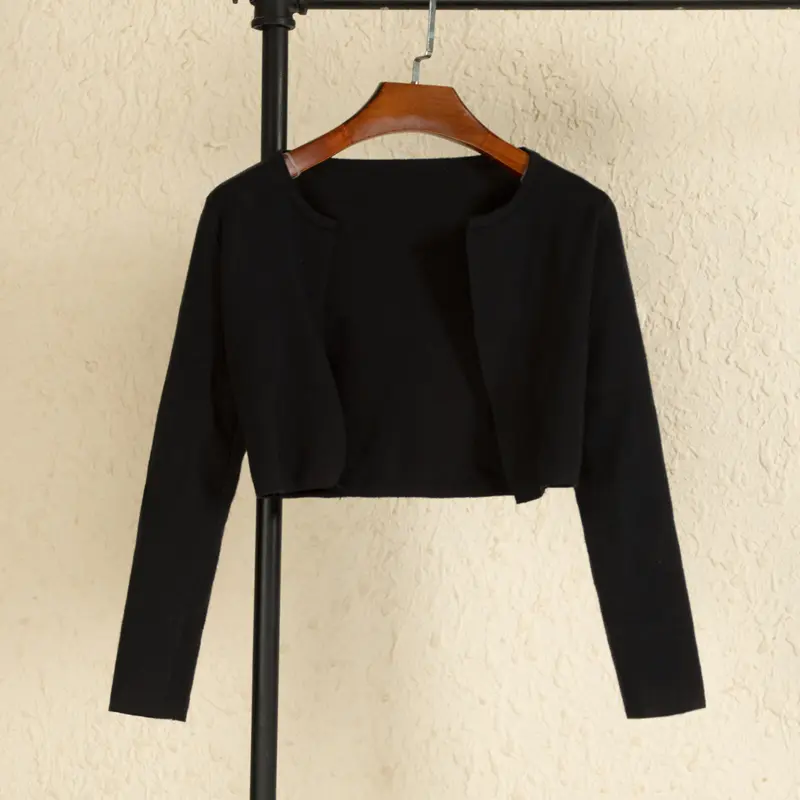 Black Cropped Knitted Sweater Style Womens Coat Spring Long Sleeve Top Jersey Cardigan Female Clothing Blouses product view