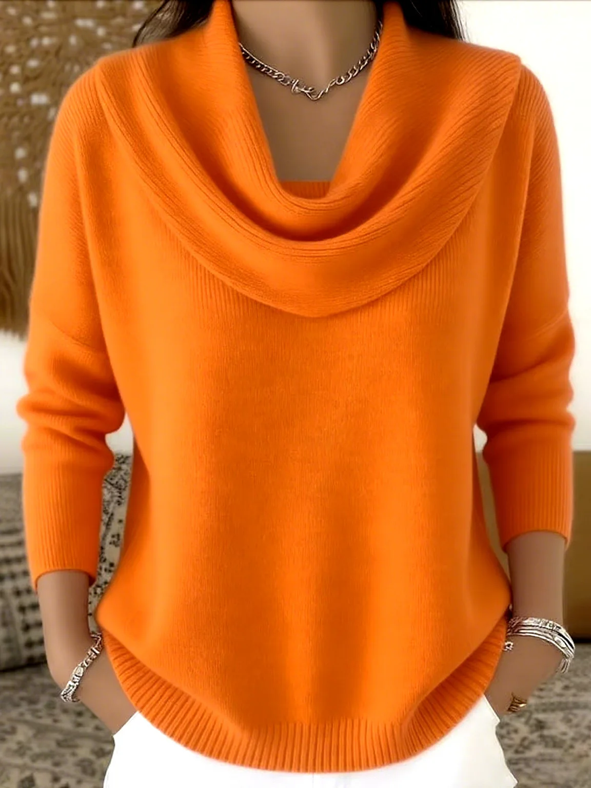Womens AutumnWinter New Collection Solid Color Long Sleeve Sweater Tops detail