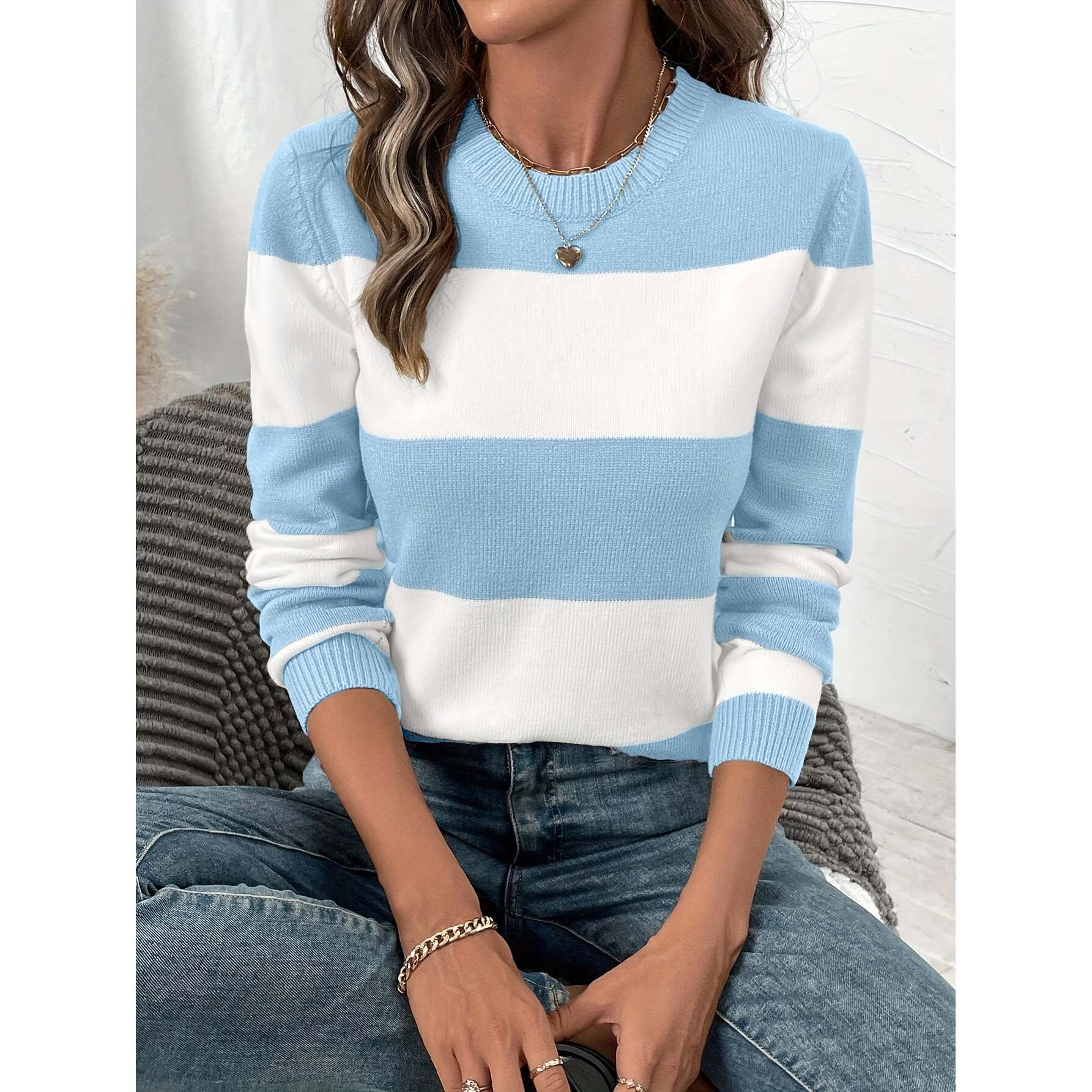 Womens Striped Crew Neck Regular Length Long Sleeve Knit Sweater Warm Breathable Casual Style detail