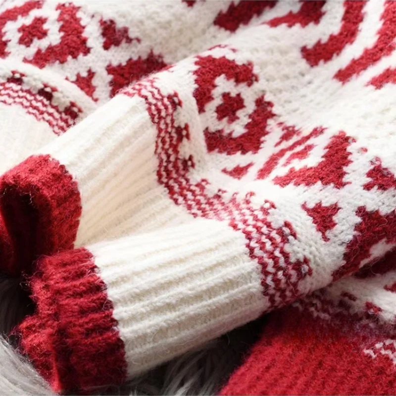 Autumn Winter Chic Sweet Casual Long Sleeve Top Vintage Womens Sweater Christmas Loose Knit Stripe ONeck Pullover detail