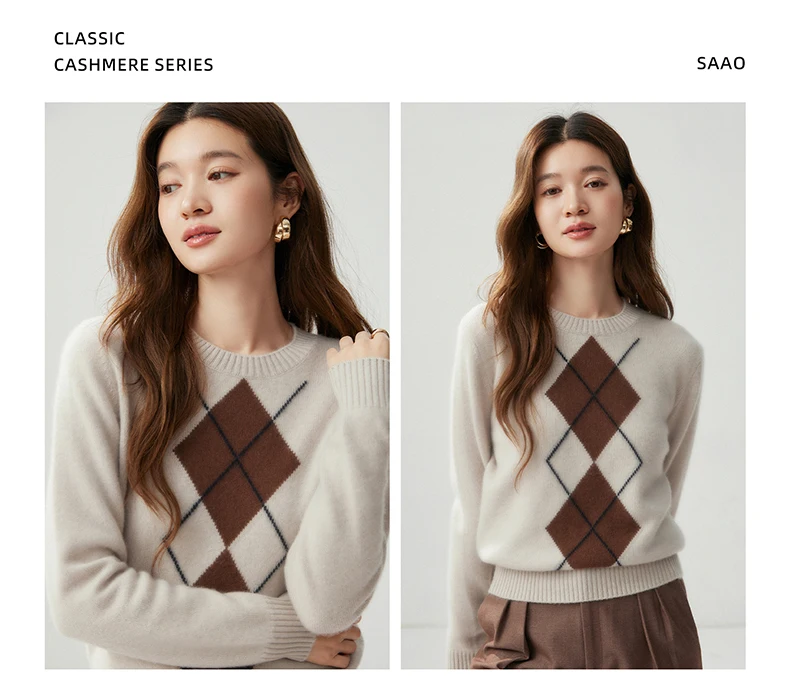 Light Luxury Womens Autumn Winter Sweater Argyle 100 Cashmere Knit Pullover Long Sleeve Clothing Top Lady Warm Jersey detail