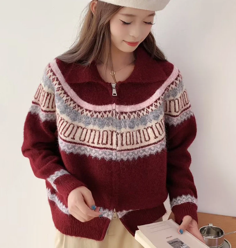 Zipper Lapel Color Blocking Coat Retro Jacquard Knitted Cardigan Loose Long Sleeve Sweater detail