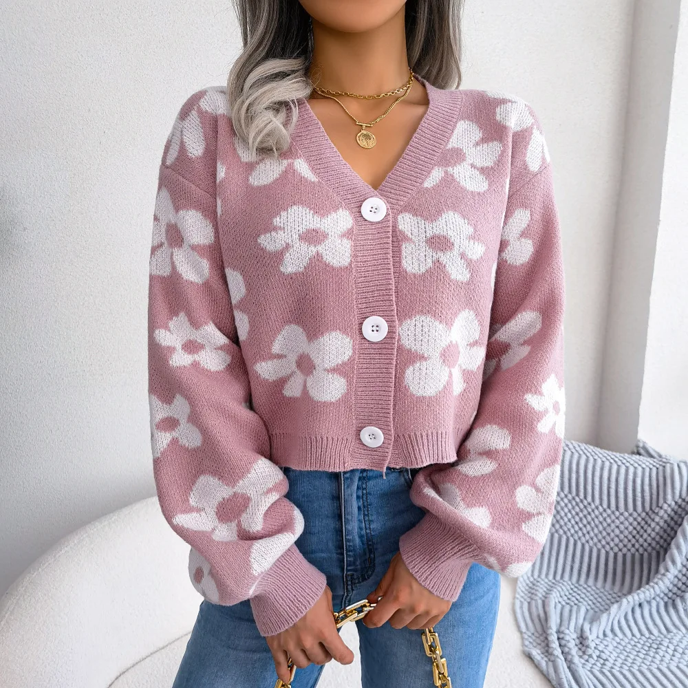 Womens Floral Contrast Color Button Front Casual Cardigan Sweater Coat Long Sleeve Open Front for Resort Wear detail