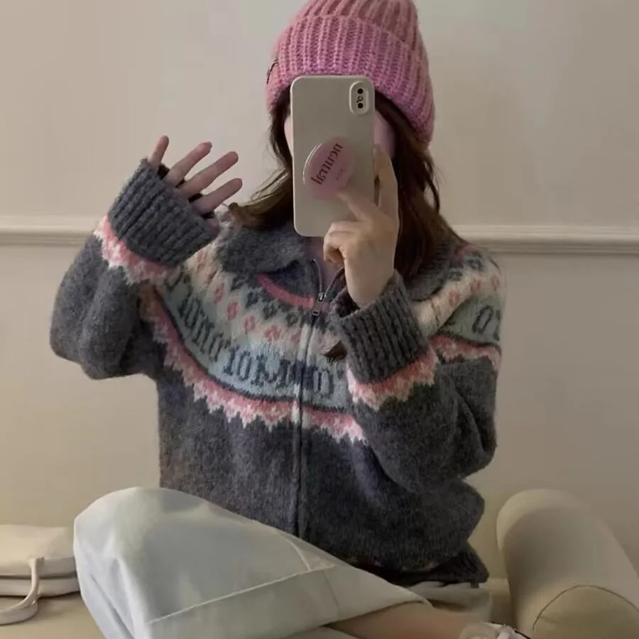 Zipper Lapel Color Blocking Coat Retro Jacquard Knitted Cardigan Loose Long Sleeve Sweater detail