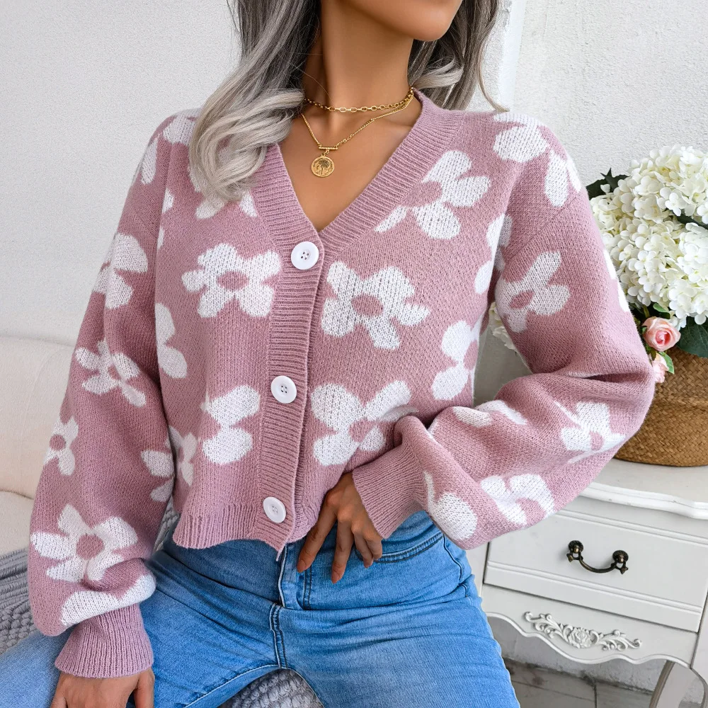 Womens Floral Contrast Color Button Front Casual Cardigan Sweater Coat Long Sleeve Open Front for Resort Wear detail