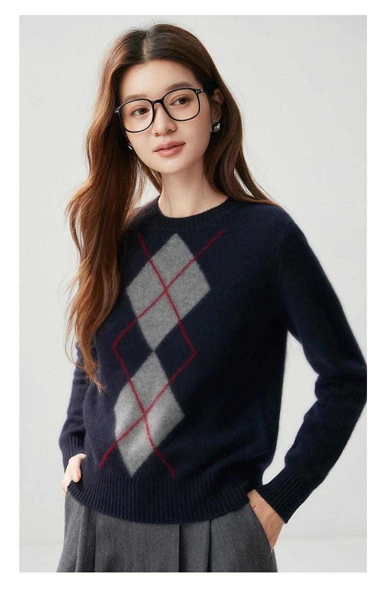 Light Luxury Womens Autumn Winter Sweater Argyle 100 Cashmere Knit Pullover Long Sleeve Clothing Top Lady Warm Jersey detail
