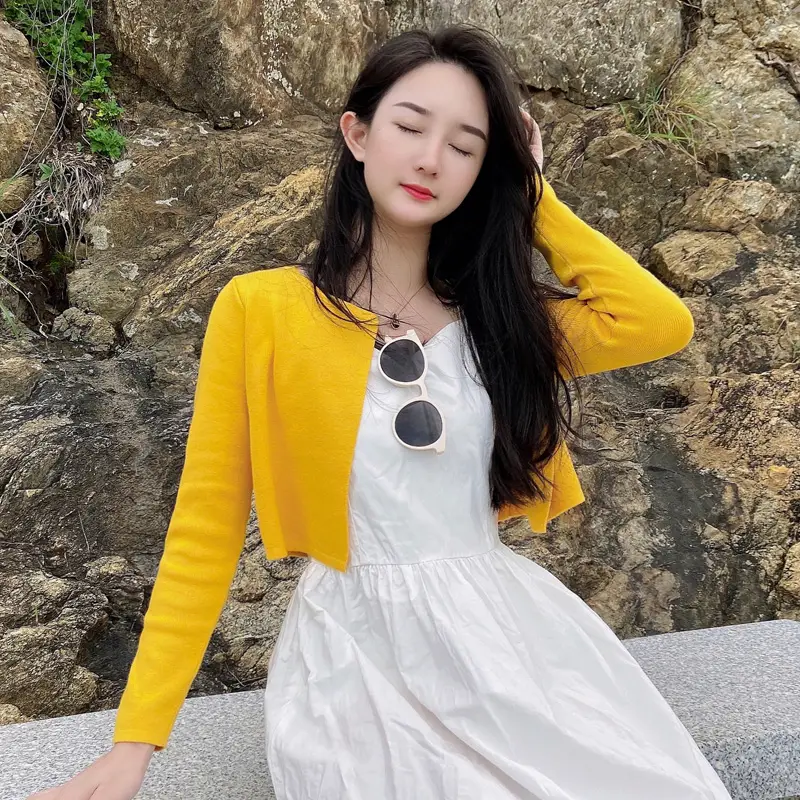 Black Cropped Knitted Sweater Style Womens Coat Spring Long Sleeve Top Jersey Cardigan Female Clothing Blouses product view