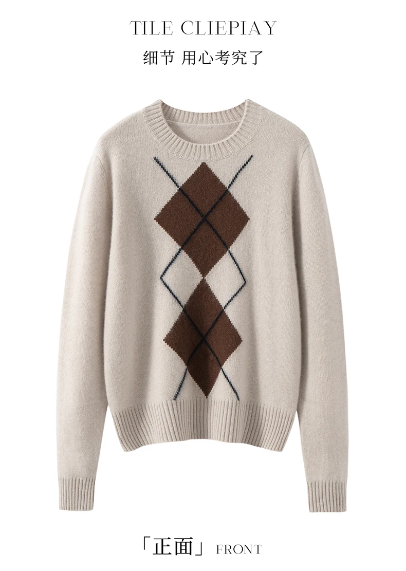 Light Luxury Womens Autumn Winter Sweater Argyle 100 Cashmere Knit Pullover Long Sleeve Clothing Top Lady Warm Jersey detail