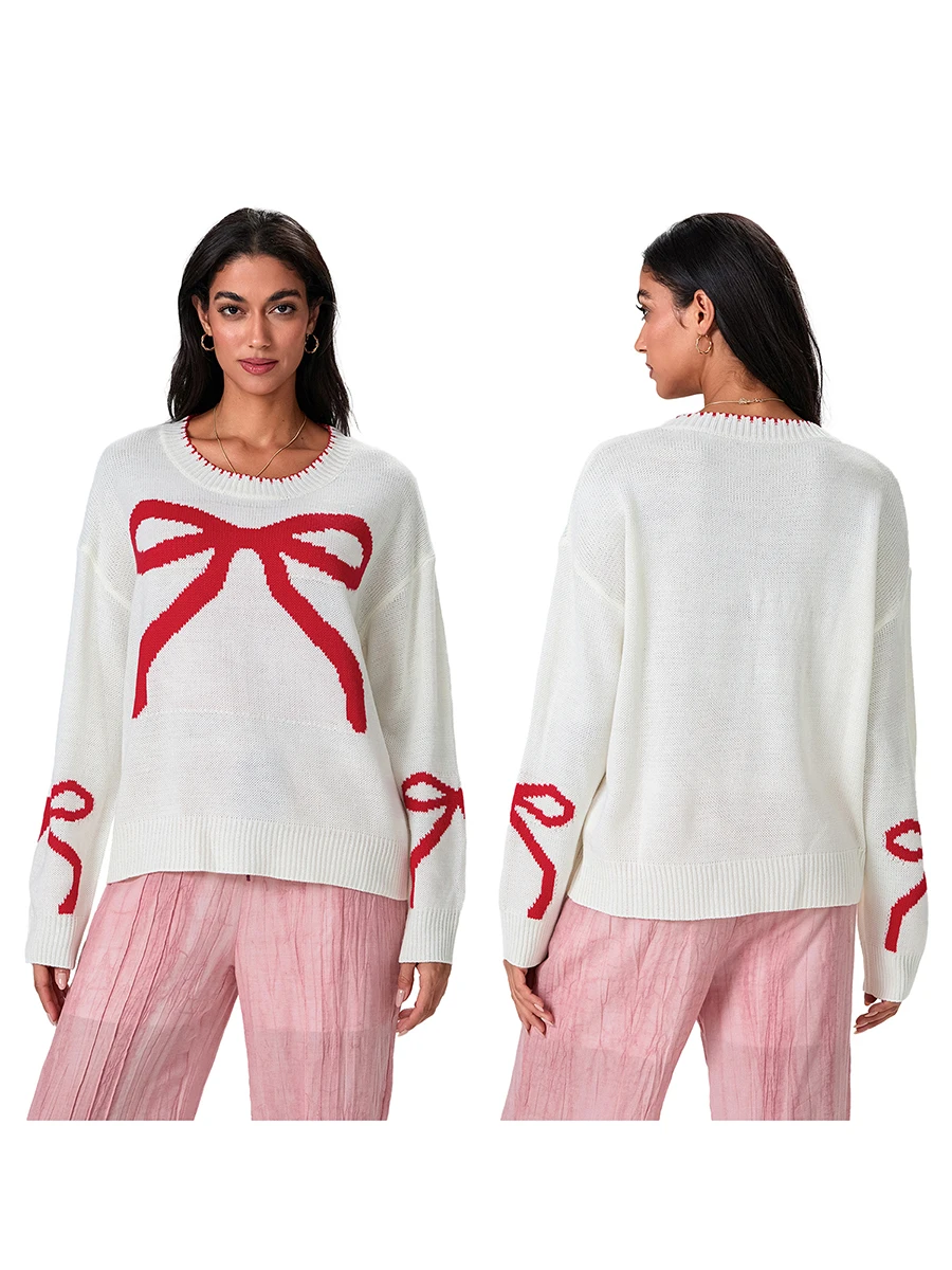 Womens Bow Print Sweater Elegant Long Sleeve Round Neck Knit Pullovers Spring Autumn Tops detail