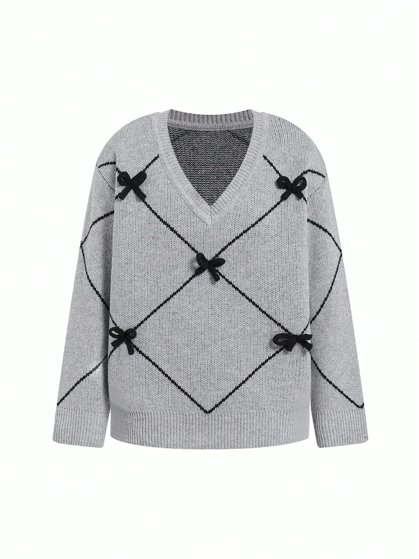 Autumn Winter Grey Diamond Pattern Butterfly Knot VNeck Womens Loose Slimming Soft Style Pullover Knitted Sweater Top detail