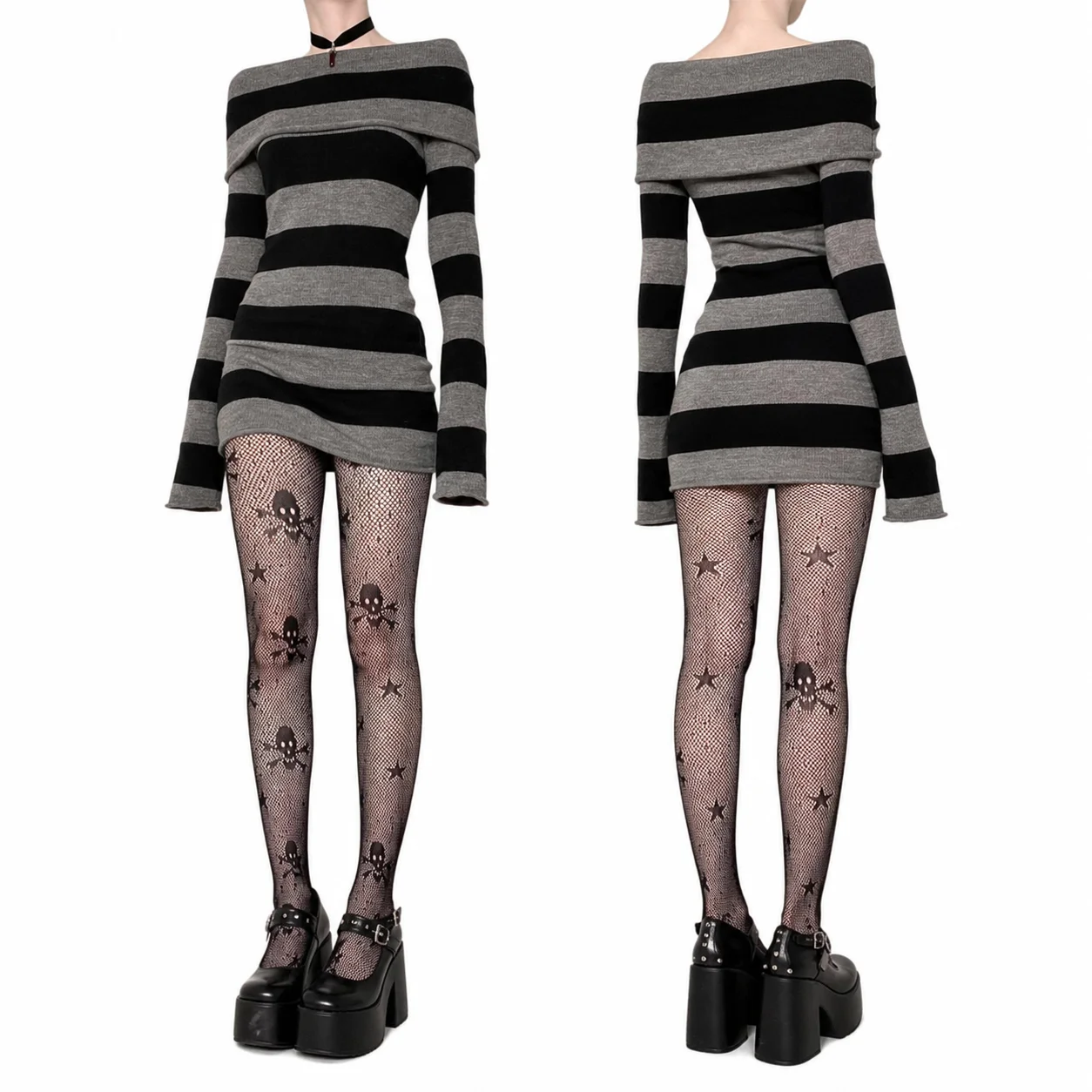 Women Gothic Y2K Off Shoulder Striped Knit Mini Dress Long Sleeve Bodycon Sweater Dress Punk Grunge Aesthetic Party Club Outfits product view