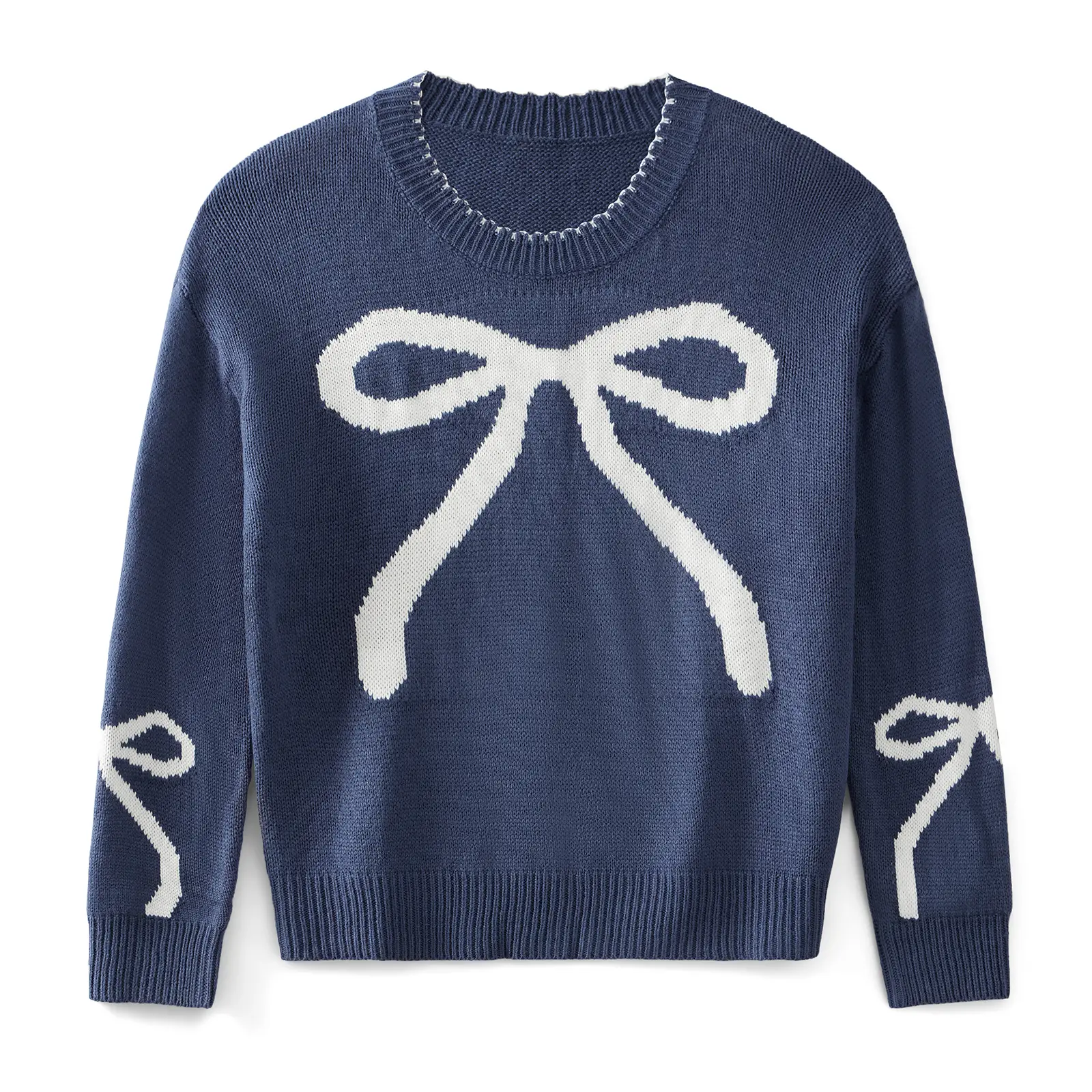 Womens Bow Print Sweater Elegant Long Sleeve Round Neck Knit Pullovers Spring Autumn Tops product view