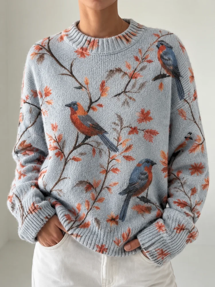 New Style Women's Printed Knitted Pullover, Loose and Casual, Soft and Warm, Light Blue Retro Bird-Pattern Watercolor Leaf Print Round-Neck Long-Sleeved Daily Autumn/Winter Layered Sweater