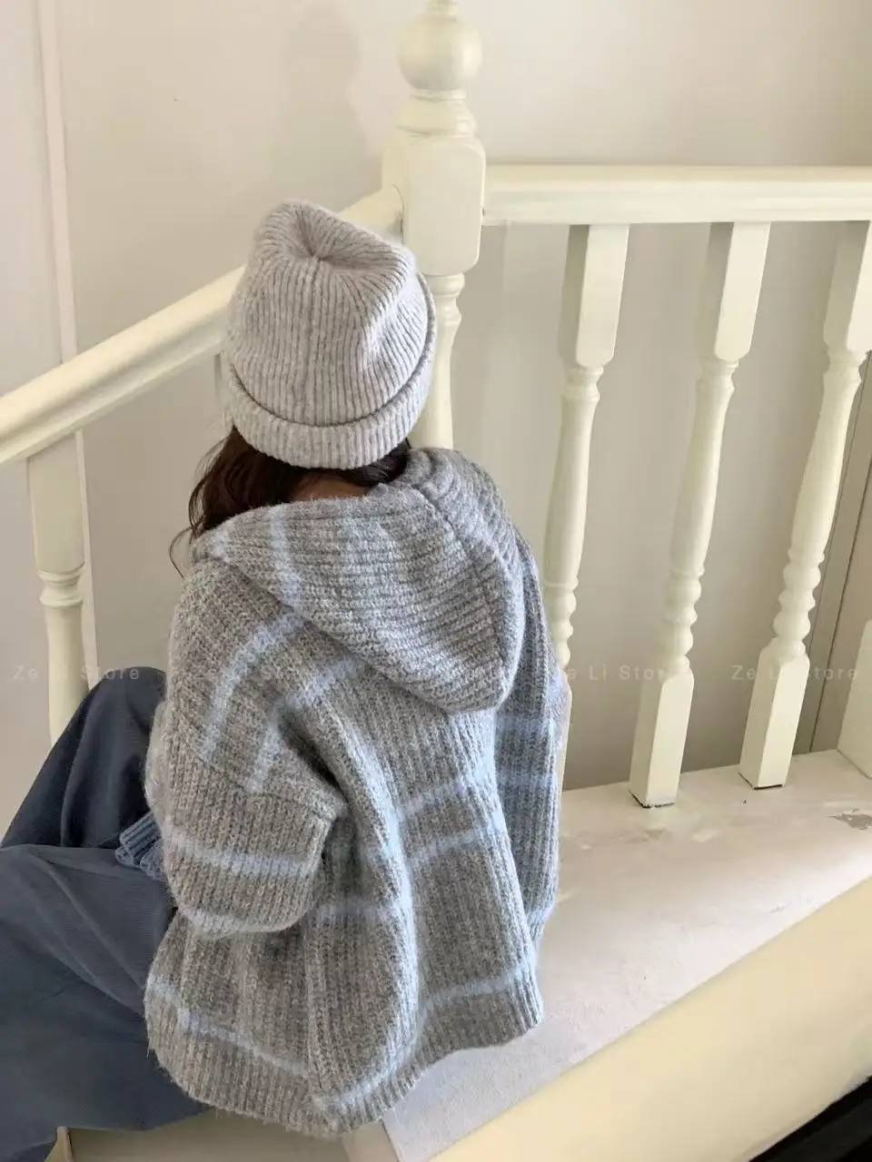 Loose Womens Zipper Knitted Sweater Striped Hooded Color Block Autumn Winter Outerwear Casual Comfortable Lazy Style Top detail